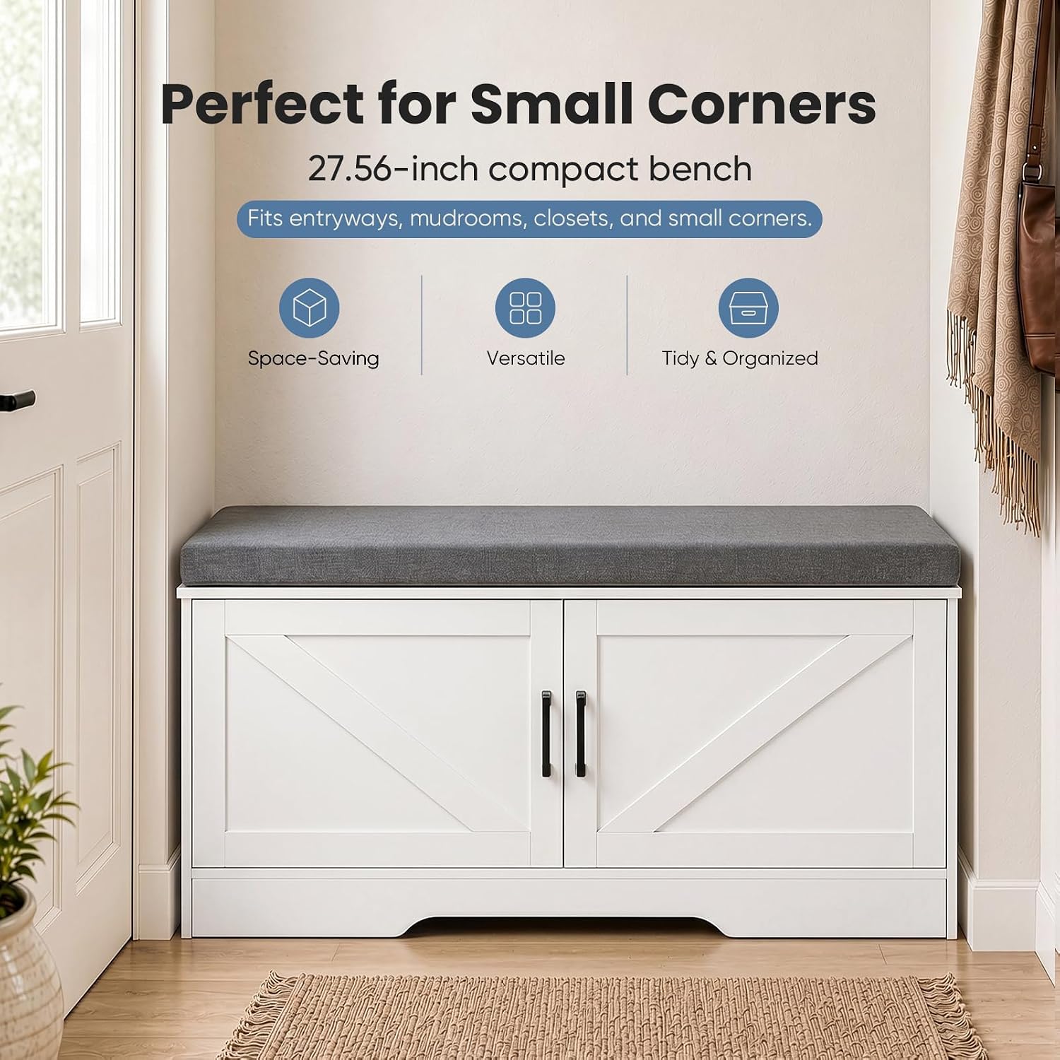 NEWBULIG Shoe Bench with Storage for Entryway, 39.4" Shoe Storage Bench | Modern Farmhouse 2-Doors Hidden Shoe Organizer Bench with Padded Cushion Seat & Adjustable Shelves for Mudroom Bedroom White