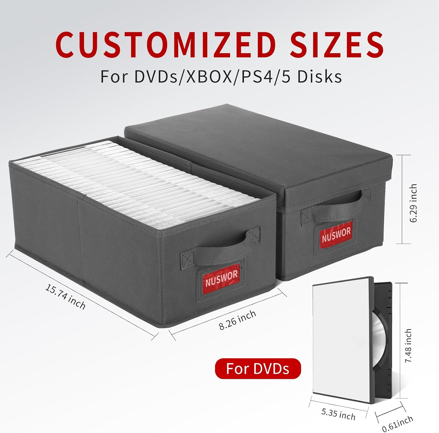 NUSWOR DVD Storage Box - DVD Storage Solutions 4Pack- Grey | Stackable DVD Case Holder Organizer - Holds up to 100 DVDs - 15.75 x 8.1 x 6.1 inches