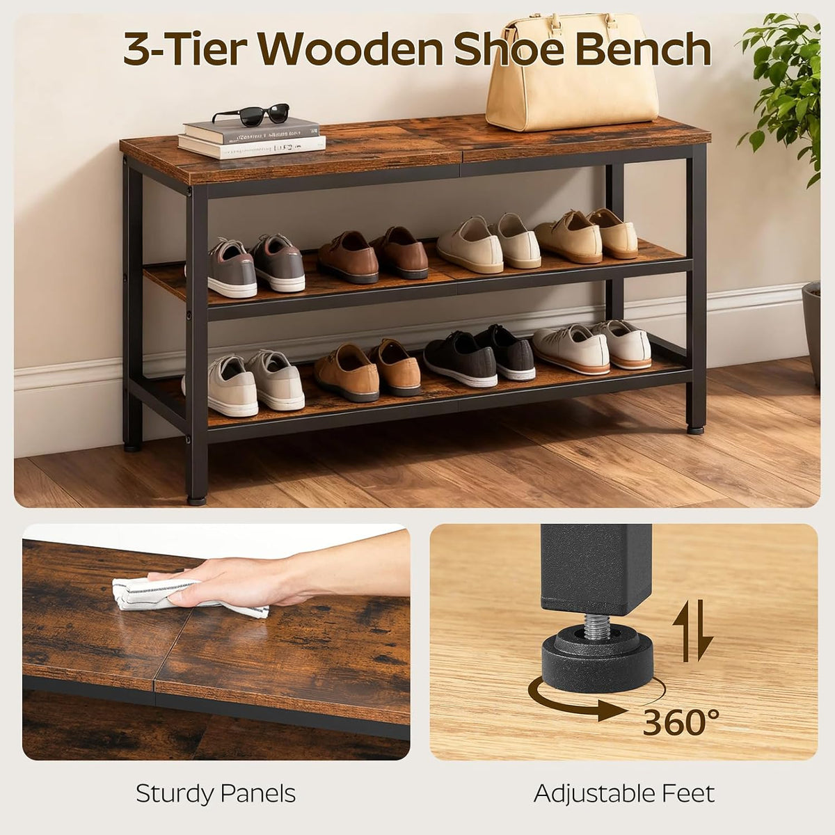 YATINEY Wooden Shoe Bench, 3-Tier Industrial Shoe Storage Bench, Sturdy Shoe Rack Bench with Storage for Entryway, Living Room, Halley, Space Saving, Rustic Brown and Black HX06BR
