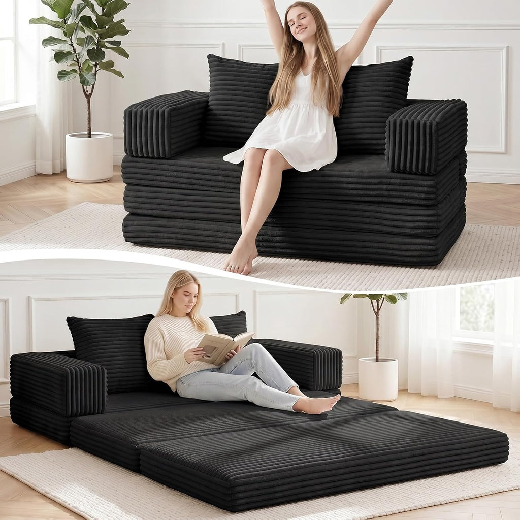 Loveseat Sofa Bed,Small Couch Bed Futon Sleeper Sofa,Convertible Pull Out Couch with Removable Armrests Backrest,Corduroy Folding Floor Couch for Living Room,Small Space,Black