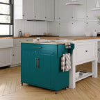 Kitchen Storage Island, Wooden Rolling Island On Wheels with Wood Top, Mobile Kitchen Island Cart with Towel Rack, Spice Rack and Drawers, Green