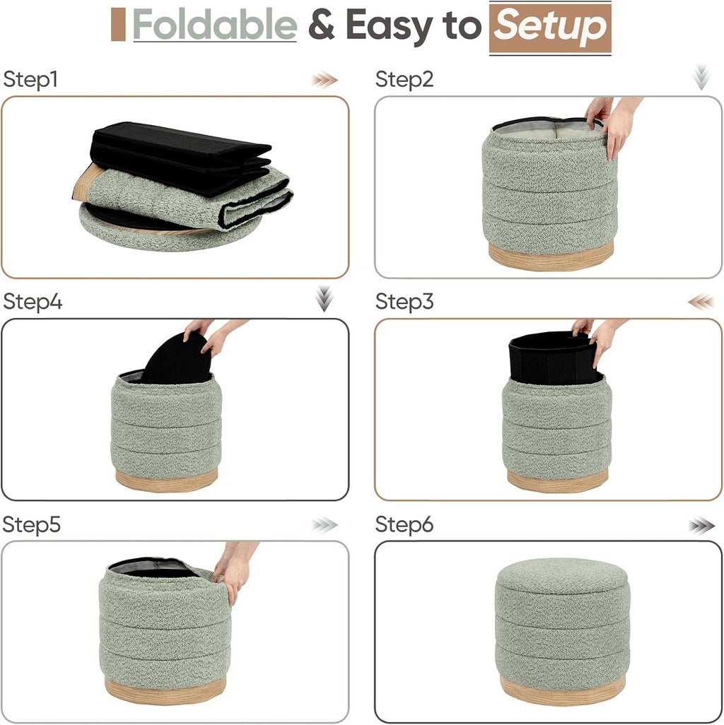 Round Storage Ottoman with Reversible Tray Lid, Folding Chenille Fabric Footrest with Hidden Storage, 15.4" Footstool for Small Spaces Living Room Bedroom, Wood Grain Base, Sage Green