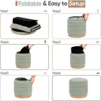 Round Storage Ottoman with Reversible Tray Lid, Folding Chenille Fabric Footrest with Hidden Storage, 15.4" Footstool for Small Spaces Living Room Bedroom, Wood Grain Base, Sage Green