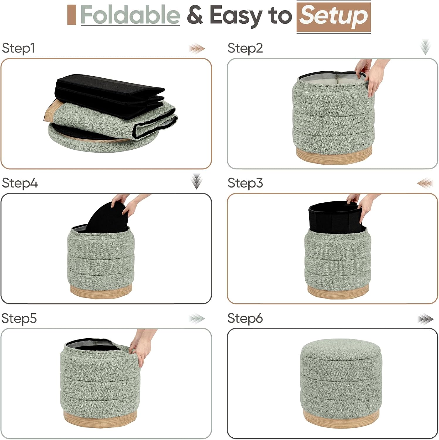 Round Storage Ottoman with Reversible Tray Lid, Folding Chenille Fabric Footrest with Hidden Storage, 15.4" Footstool for Small Spaces Living Room Bedroom, Wood Grain Base, Sage Green