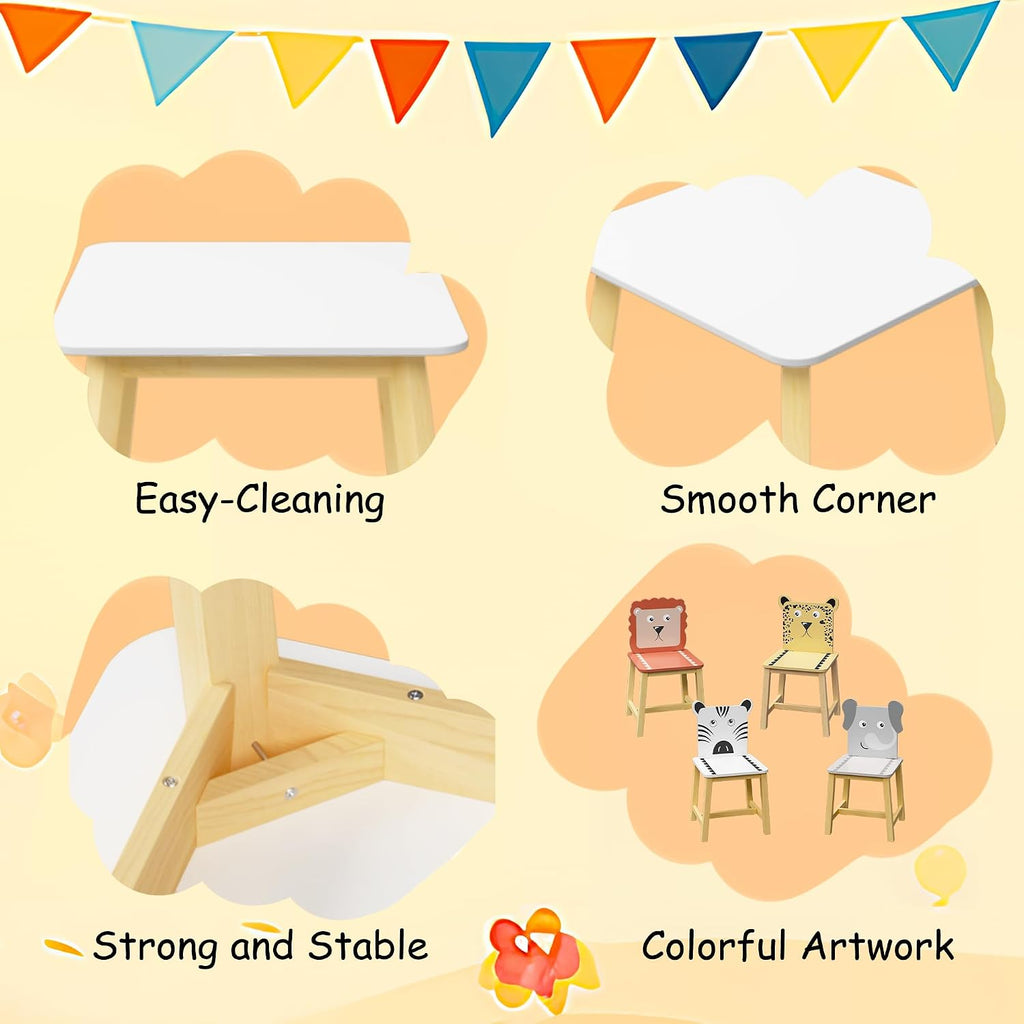 5 Pieces Table and Chair Set, Cartoon Animals Pattern Activity Play Set with Solid Wood Legs, Wooden Furniture for Playroom, Daycare & Kindergarten
