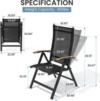 Crestlive Products Folding Patio Chairs Set of 2, 8-Level Adjustable Outdoor Recliner Chairs with Teak Armrest Aluminium Frame for Pool, Backyard, Black, DC071