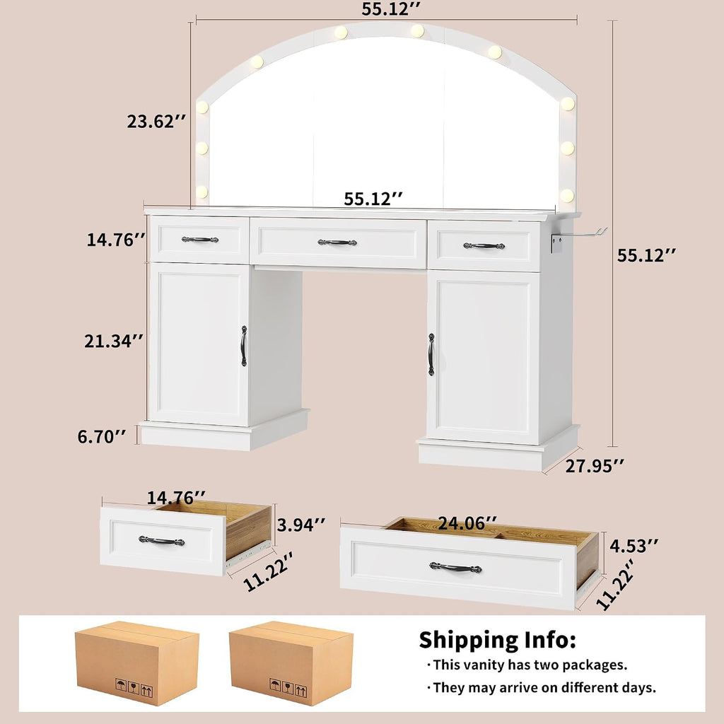 Vanity Table with Mirror and Lights, 55" Large LED Makeup Mirror with 3 Color Modes, Modern Dressing Table with Drawers and Cabinets, HD Glass Top Beauty Desk for Bedroom, Gift for Women