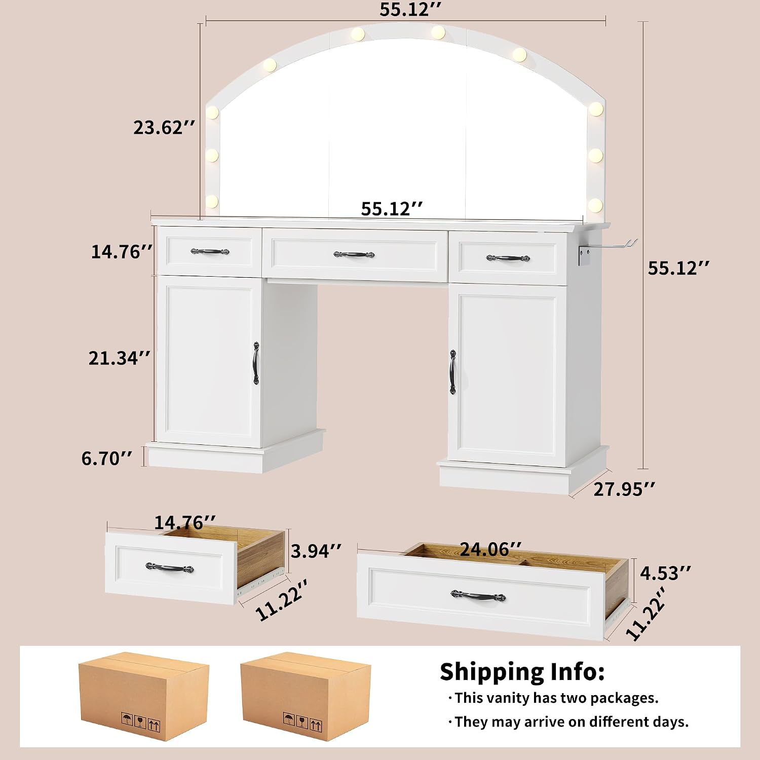 Vanity Table with Mirror and Lights, 55" Large LED Makeup Mirror with 3 Color Modes, Modern Dressing Table with Drawers and Cabinets, HD Glass Top Beauty Desk for Bedroom, Gift for Women