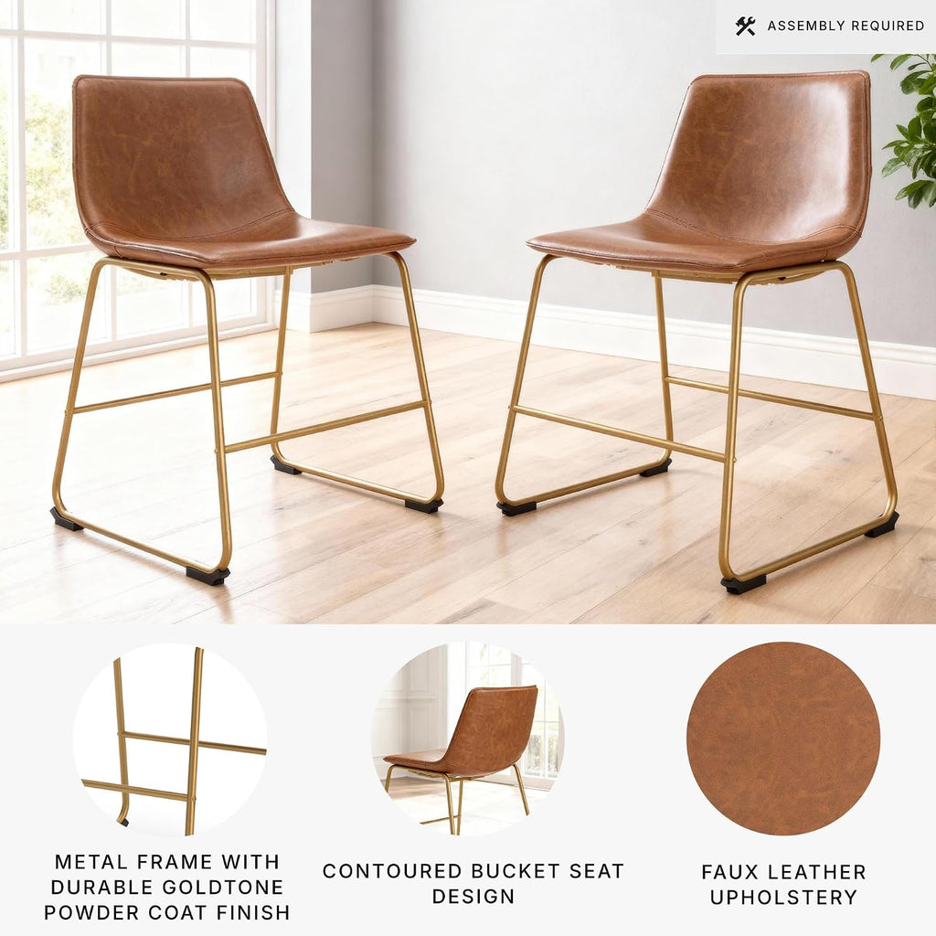 Signature Design by Ashley Crandox Dining Chairs Set of 2, Mid Century Modern Bucket Seat, Faux Leather Upholstery with Gold Legs, Casual Seating for Kitchen and Dining Rooms, Light Brown