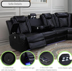 Power Recliner Sofa Sectional Sofa with LED Light for Living Room, Air Leather Reclining Corner Sectional Sofa Set, Cup Holder, Storage Console for Home Theater Seating (Black, Sectional)