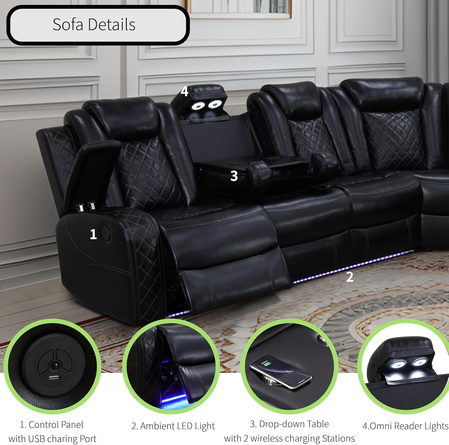 Power Recliner Sofa Sectional Sofa with LED Light for Living Room, Air Leather Reclining Corner Sectional Sofa Set, Cup Holder, Storage Console for Home Theater Seating (Black, Sectional)