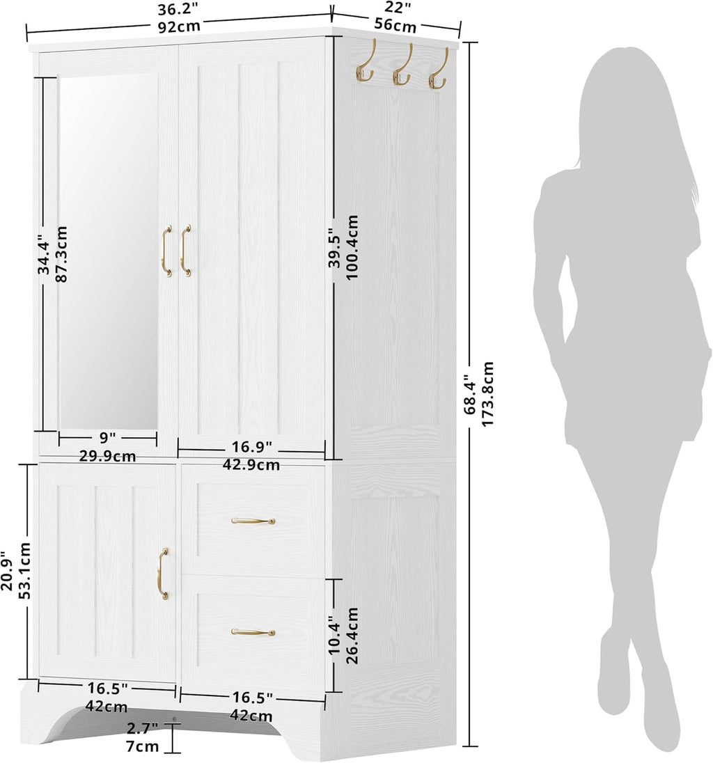 LIKIMIO Armoire Wardrobe with Mirror, 3-Door Hanging Rod & Drawers | 3-door armoire with mirror. Hanging rod, 2 drawers, 4 hooks. P2 MDF, anti-tip.