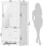 LIKIMIO Armoire Wardrobe with Mirror, 3-Door Hanging Rod & Drawers | 3-door armoire with mirror. Hanging rod, 2 drawers, 4 hooks. P2 MDF, anti-tip.