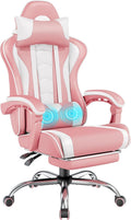 Yaheetech Gaming Chair with Footrest Massage Lumbar Pillow Pink and White | Foam-padded PU leather racing seat and plush headrest recline with a slide-out footrest; metal frame supports up to 300 lb.