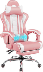 Yaheetech Gaming Chair with Footrest Massage Lumbar Pillow Pink and White | Foam-padded PU leather racing seat and plush headrest recline with a slide-out footrest; metal frame supports up to 300 lb.