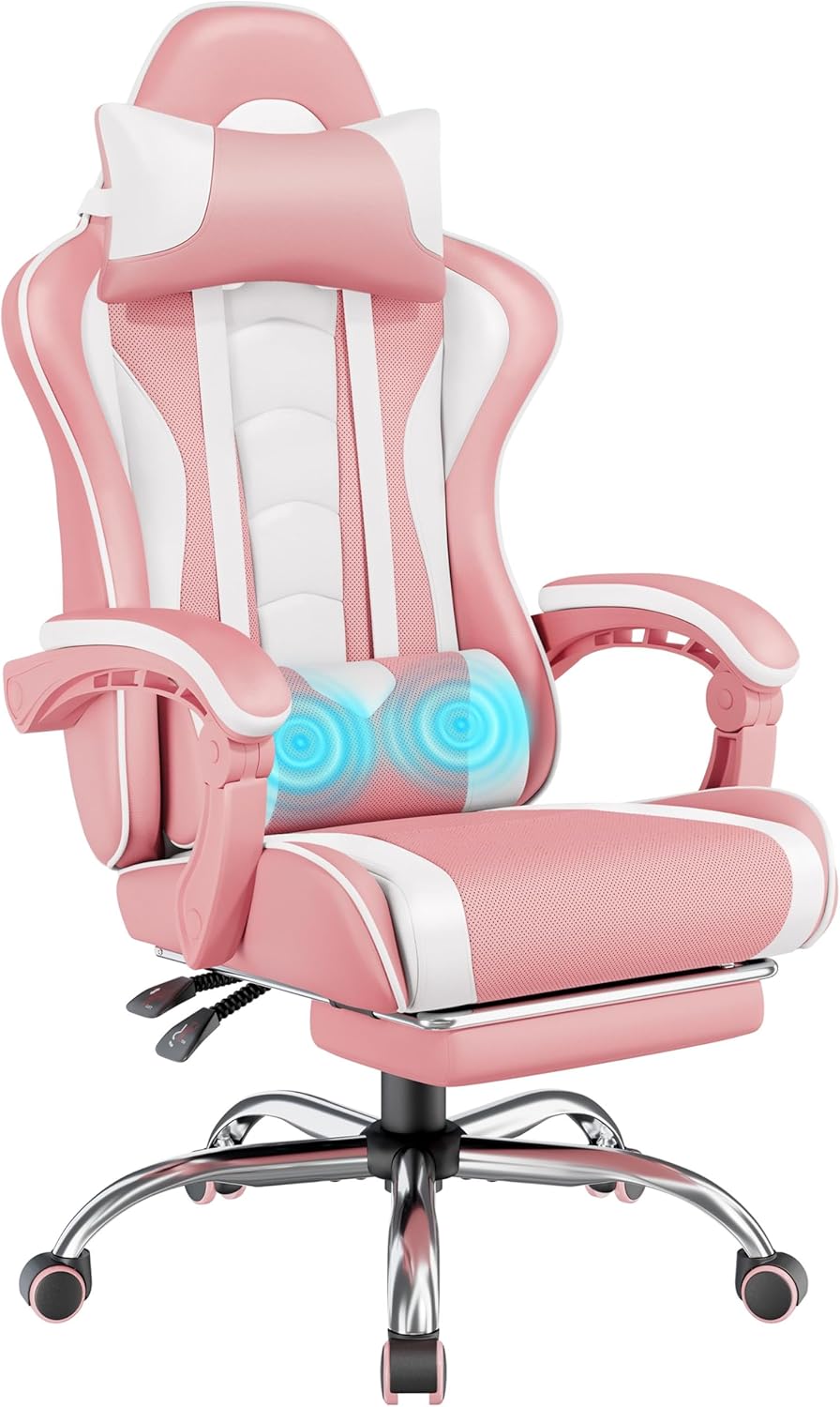 Yaheetech Gaming Chair with Footrest Massage Lumbar Pillow Pink and White | Foam-padded PU leather racing seat and plush headrest recline with a slide-out footrest; metal frame supports up to 300 lb.