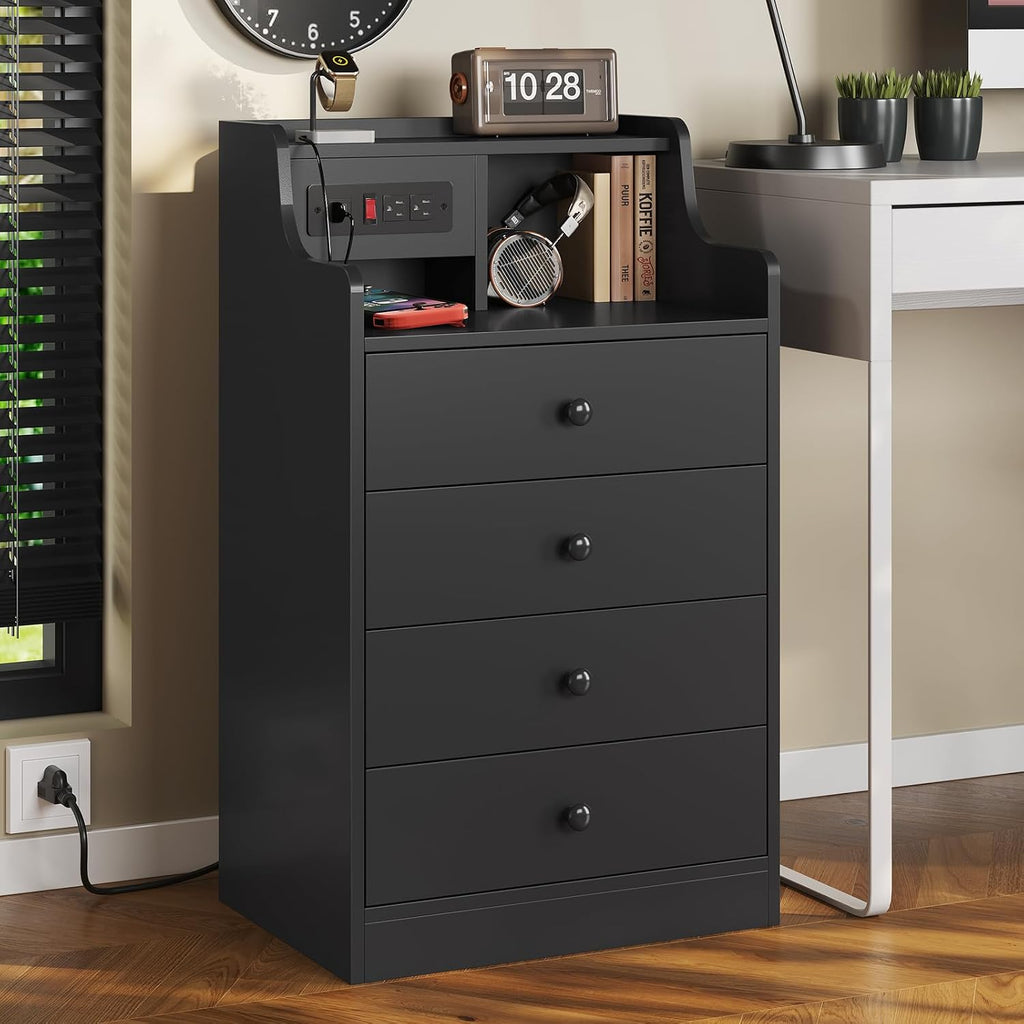 ADORNEVE Nightstand with Charging Station & Hutch,Black | Tall Bedside Table with 4 Drawers,Charging Night Table,Night Stand for Bedroom,Bed Side Tables