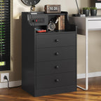 ADORNEVE Nightstand with Charging Station & Hutch,Black | Tall Bedside Table with 4 Drawers,Charging Night Table,Night Stand for Bedroom,Bed Side Tables
