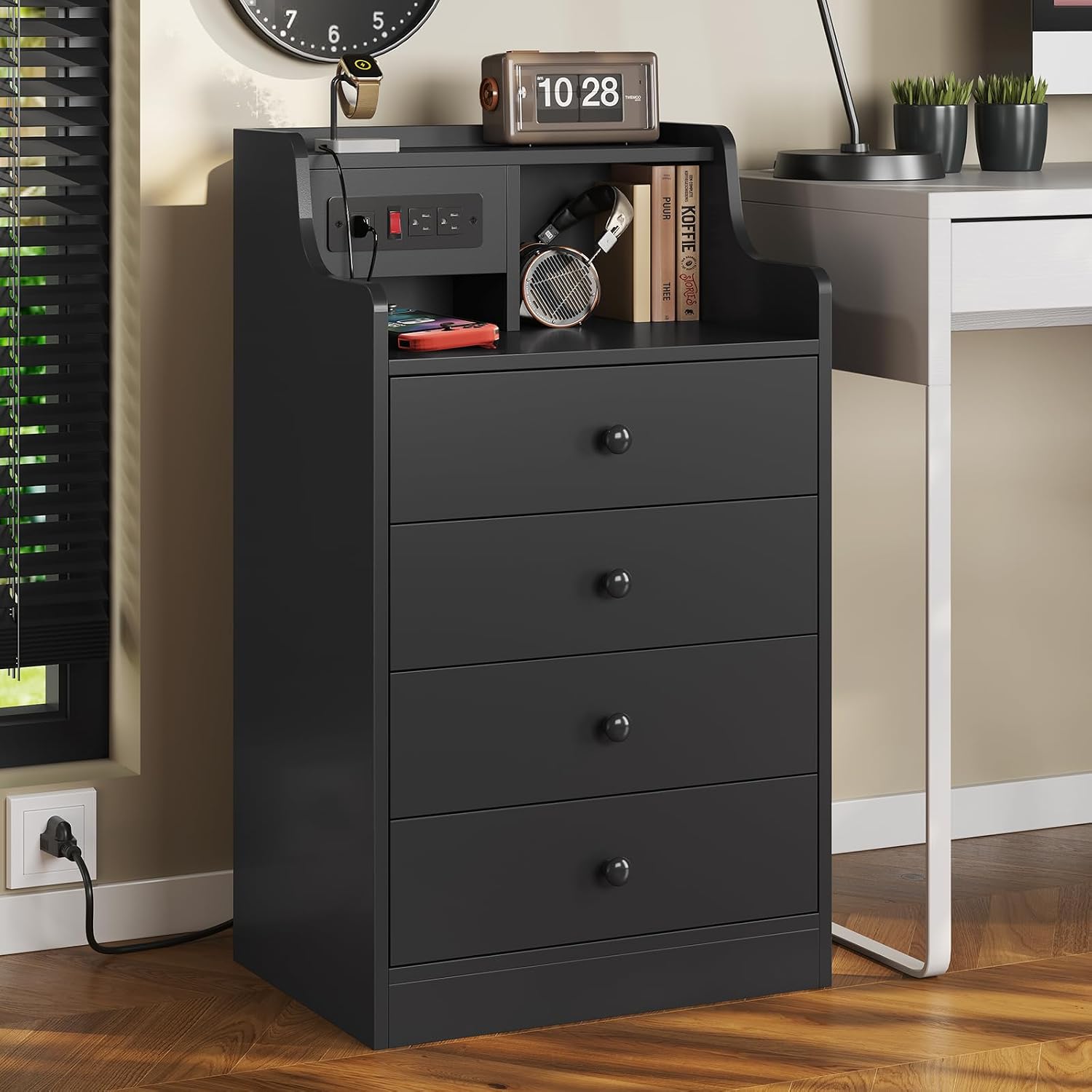 ADORNEVE Black Nightstand Set of 2,Bedside Table with 4 Drawers | Night Stand with Charging Station & Hutch,Large Nightstands Set of 2,Night Stands for Bedrooms,Side Tables Bedroom
