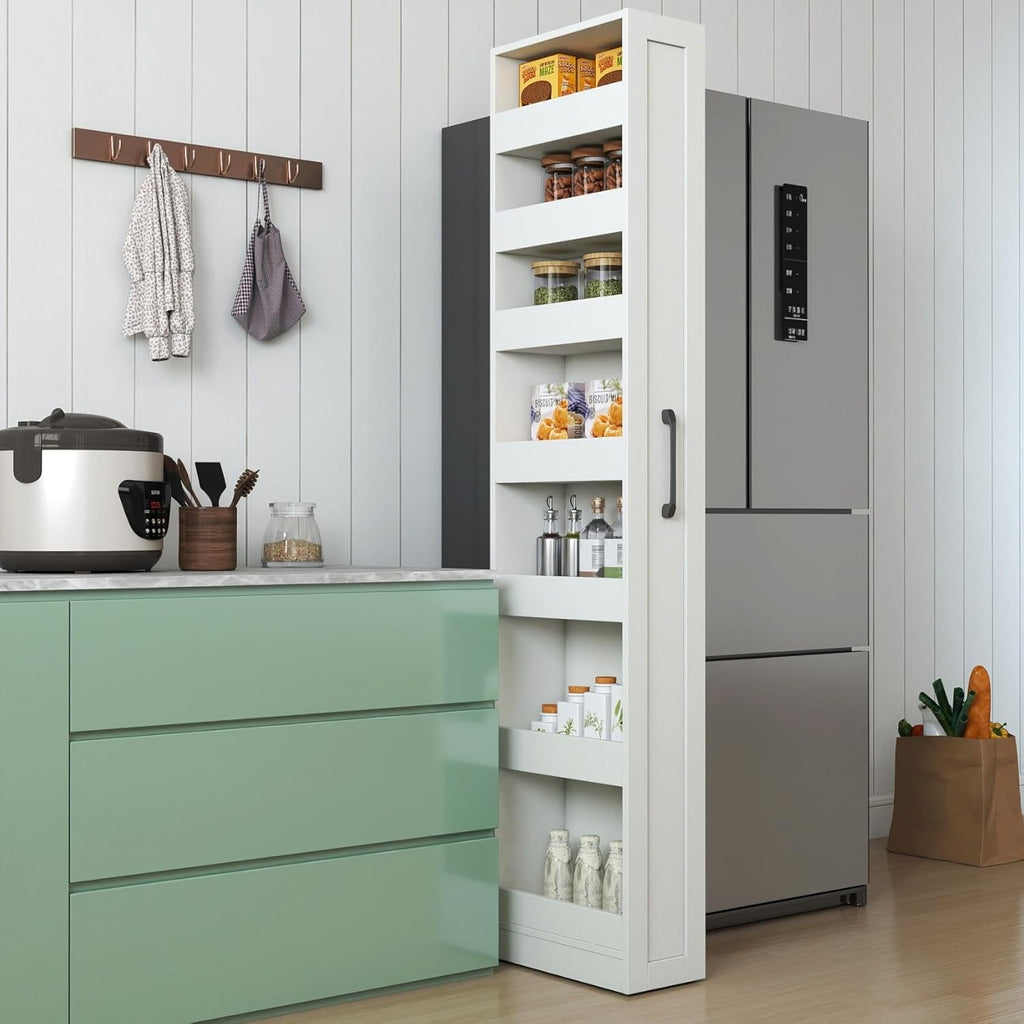 KEIKI 7 Tier Pull-Out Kitchen Pantry Storage Cabinet, Multi-Tier Single-Sided Open Shelf, Spice Rack Next to Fridge, Wood Hutch Food Pantries Cupboard for, Dining Room, Narrow Spaces