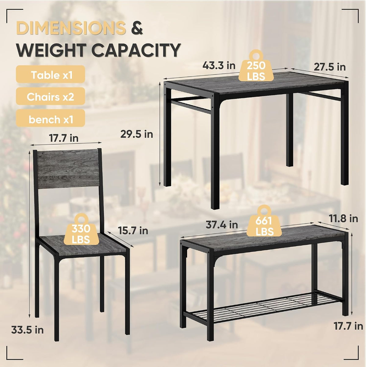 Shahoo Kitchen Table and 2 Chairs for 4 with Bench | 4 Piece Dining Sets for Small Space, Dark Grey
