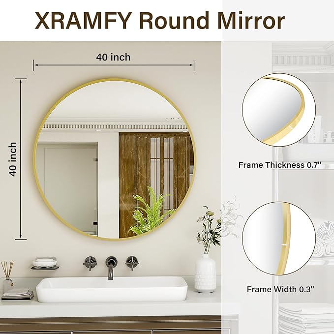 40 Inch Round Mirror - Circle Mirrors for Bathroom, Entryway and Living Room Wall Decor, Modern Hanging Vanity Mirror, Matte Gold Circle Decorative Wall Mirror