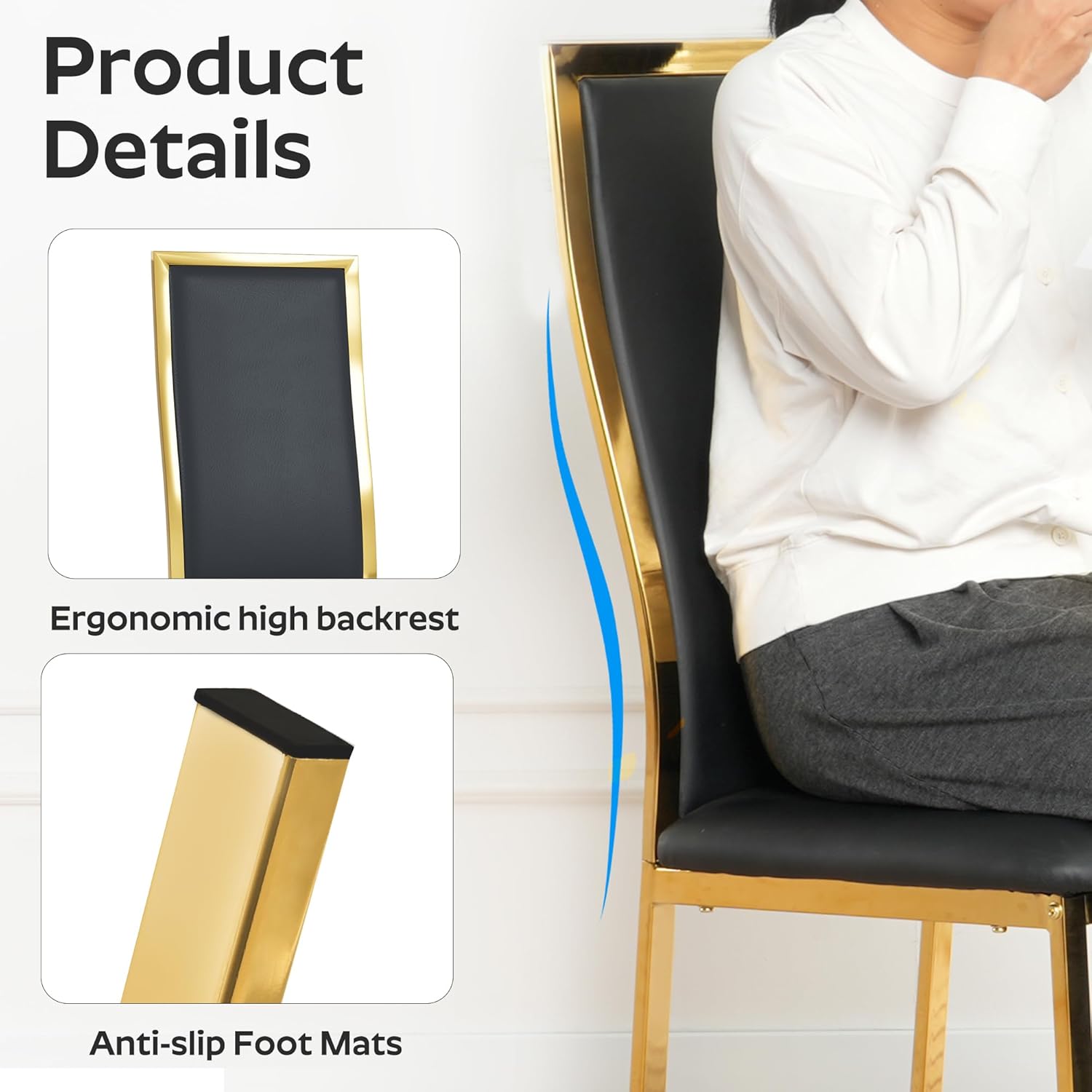 Modern Dining Chairs Set of 4, Black Faux Leather with Chrome Gold Metal Legs, Curved High Back Design & Cloud Cushioning, Mid-Century Kitchen Chairs with Non-Slip Feet (Easy Assembly)