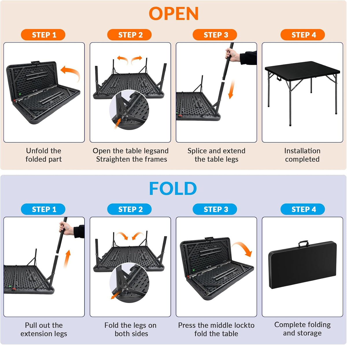 34" Square Folding Table, Portable Folding Card Table with Collapsible Legs & Carrying Handle, Plastic Tables for Camping,Picnic, Office, Party,Black