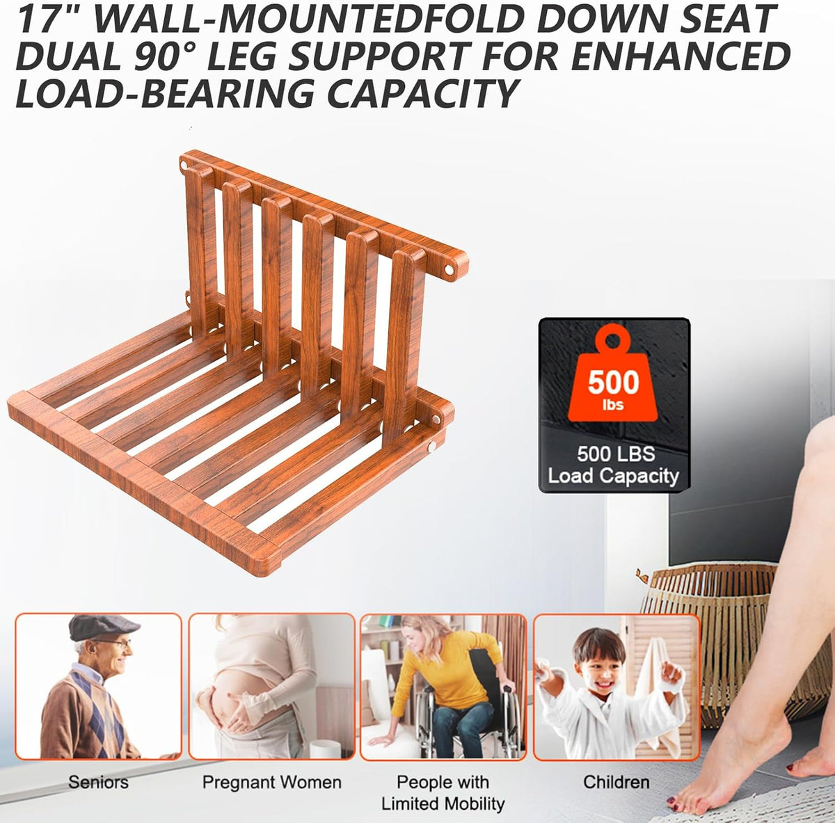 The folding stool is made of beech wood and can withstand 400 pounds. The surface is coated with Transparent paint and polished. Used for changing shoes, showering, folding bedside table(Walnut paint)