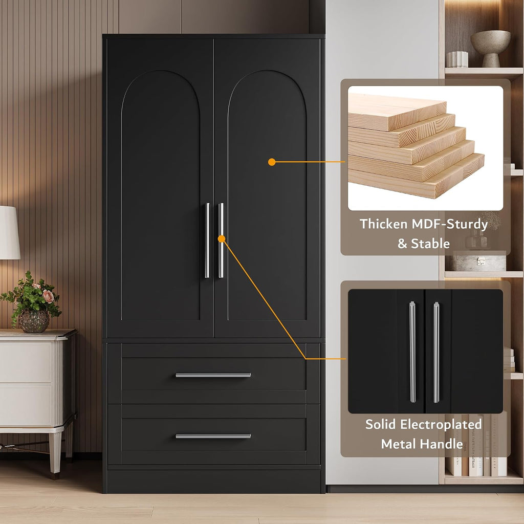 iPormis Wooden Armoire Wardrobe Closet with 2 Drawers, Clothing Storage Cabinet with Shelves Aluminum Hanging Rod, Wardrobe Storage with Strong Door Closure, Modern Bedroom Clothing Armoires, Black