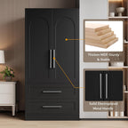 iPormis Wooden Armoire Wardrobe Closet with 2 Drawers, Clothing Storage Cabinet with Shelves Aluminum Hanging Rod, Wardrobe Storage with Strong Door Closure, Modern Bedroom Clothing Armoires, Black