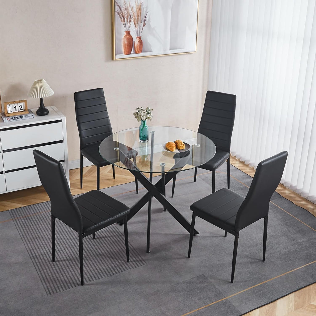 35.4" Round Glass Dining Table with Cross Metal Legs, Modern Small Kitchen Table for 2-4 People, Clear Tempered Glass Top Circle Dining Table for Living Room, Apartment, Black