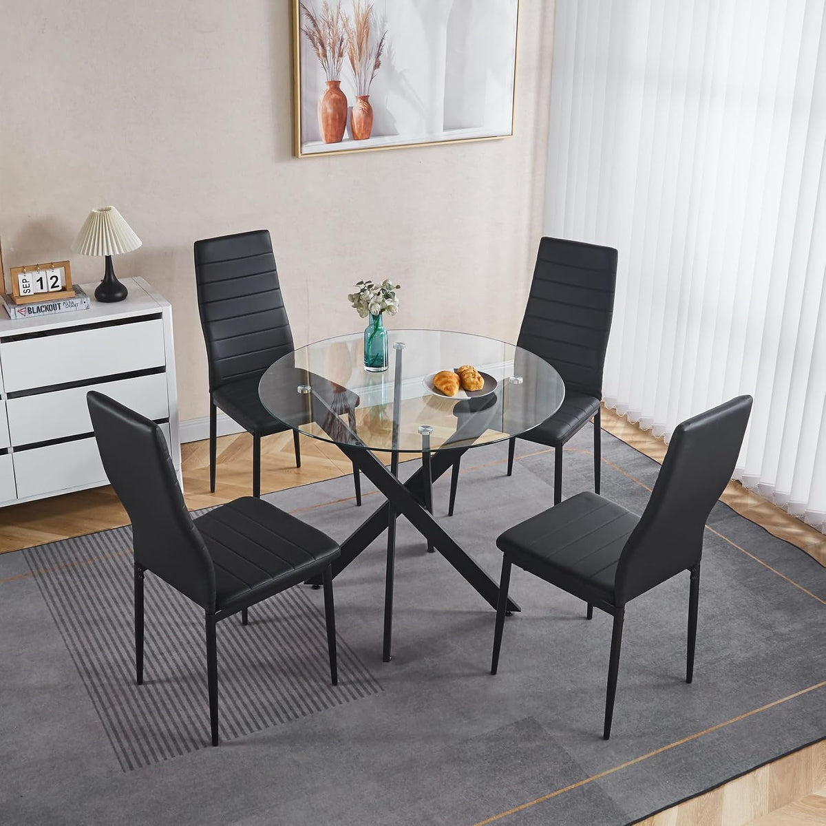 35.4" Round Glass Dining Table with Cross Metal Legs, Modern Small Kitchen Table for 2-4 People, Clear Tempered Glass Top Circle Dining Table for Living Room, Apartment, Black