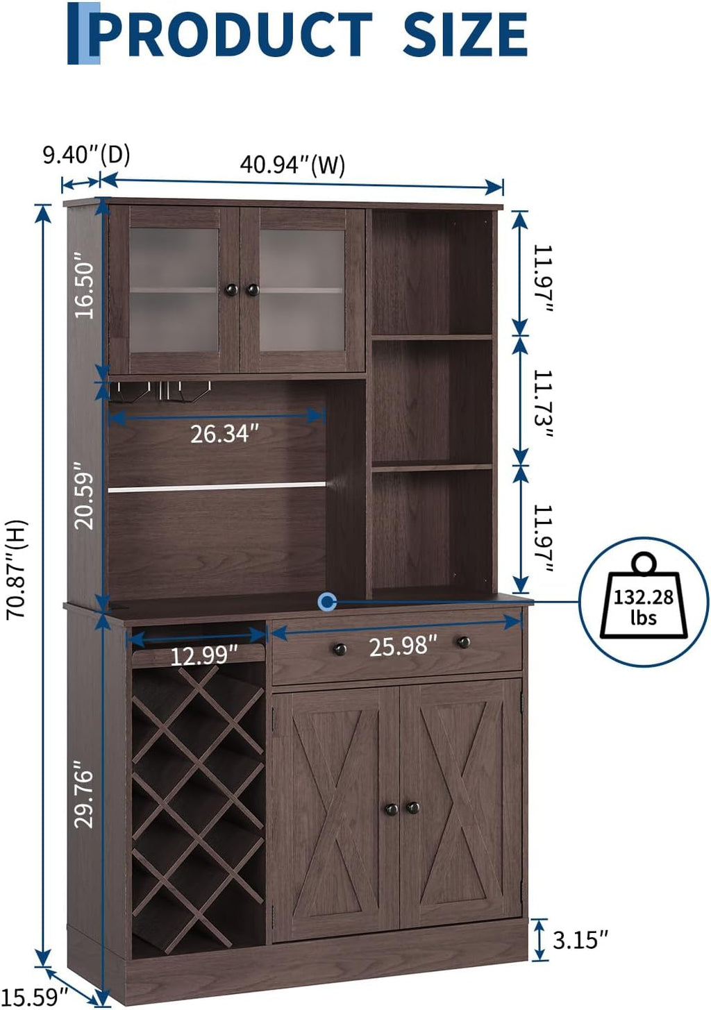 71-Inch Kitchen Hutch Cabinet with Storage, White & Light Walnut Top, Acrylic Double Doors, Pantry Organizer for Dining Room & Kitchen Storage