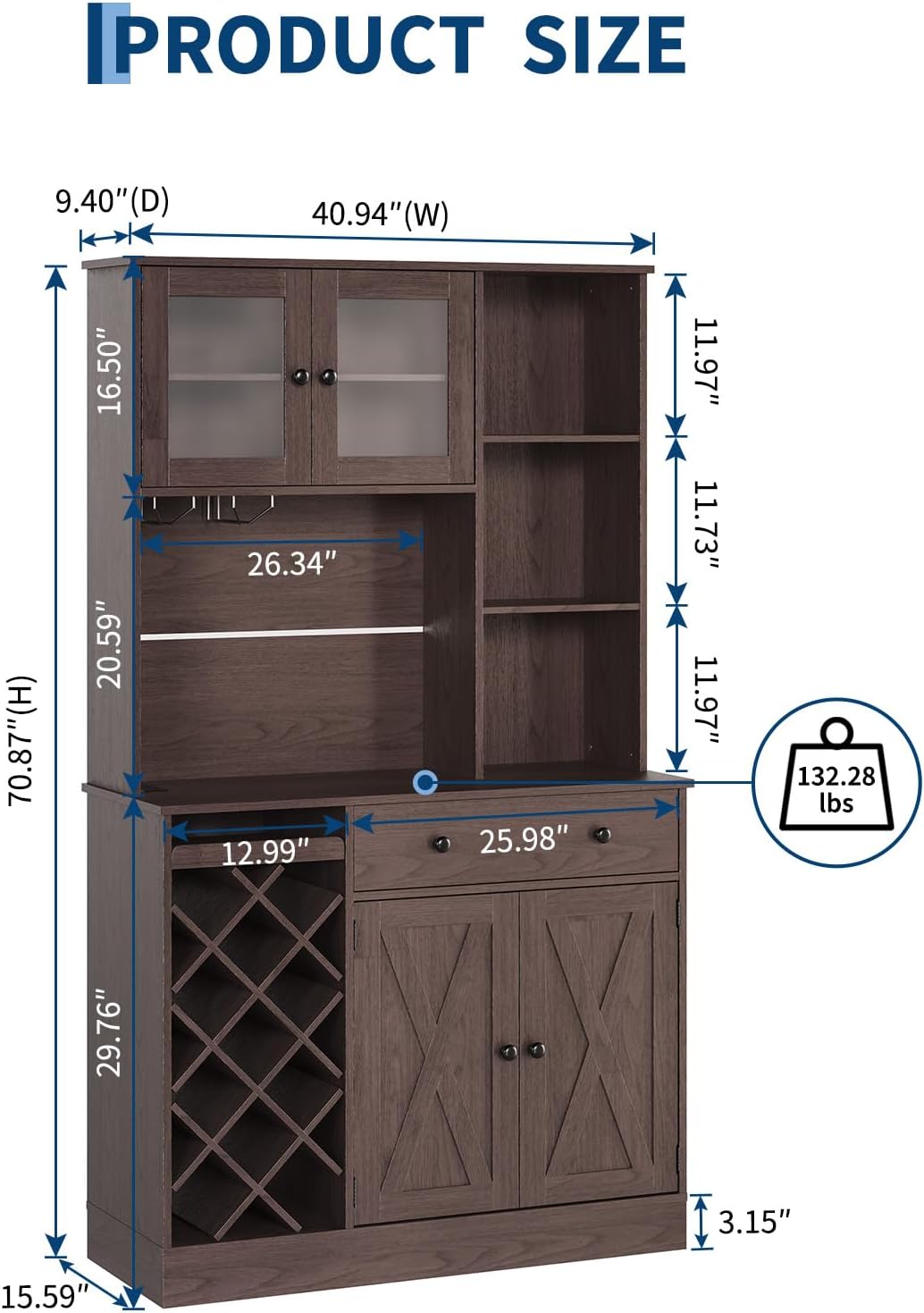 71-Inch Kitchen Hutch Cabinet with Storage, White & Light Walnut Top, Acrylic Double Doors, Pantry Organizer for Dining Room & Kitchen Storage