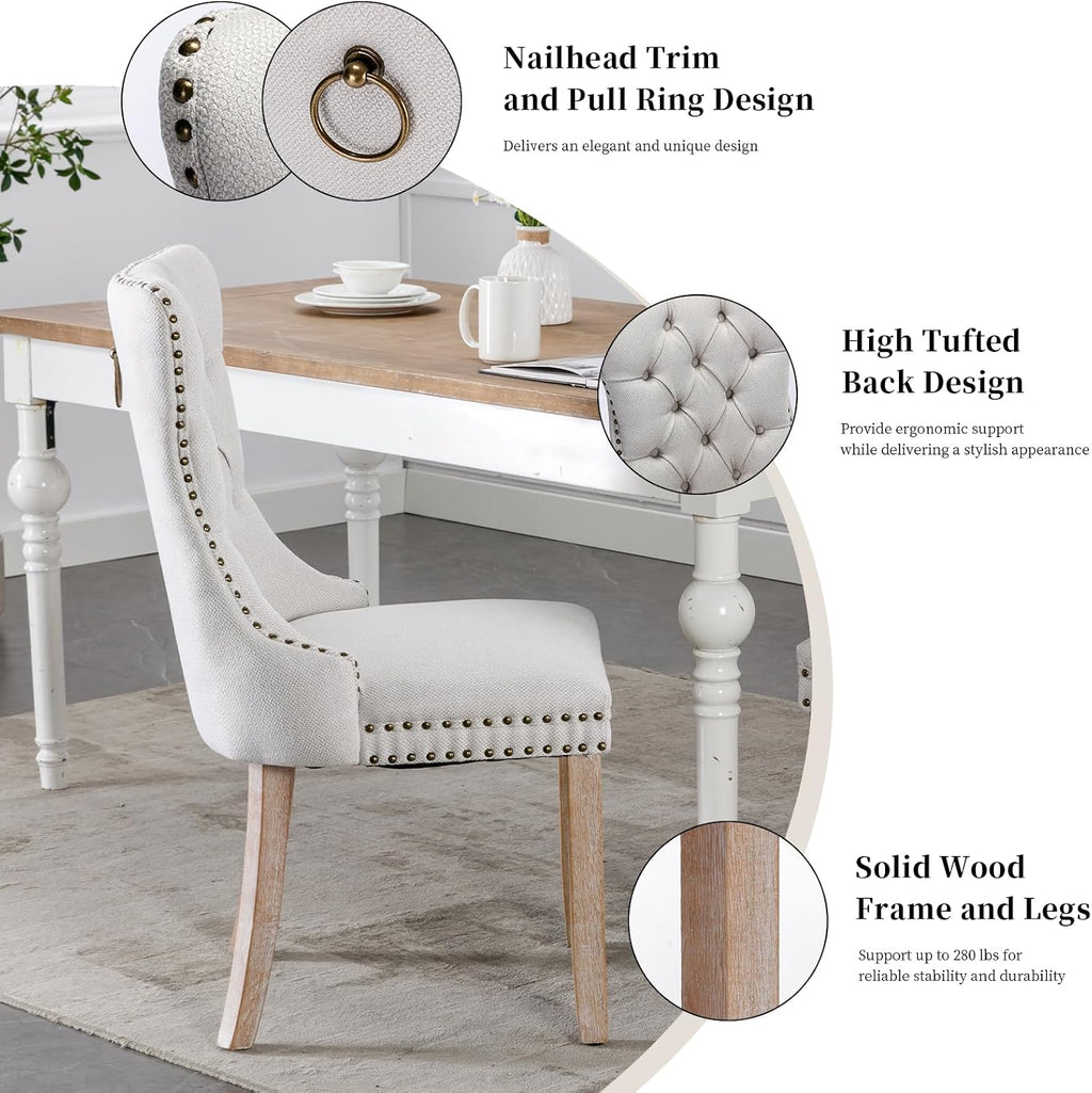 Linen Upholstered Dining Chairs Set of 2, Beige Mid Century Modern Dining Chairs, Kitchen & Dining Room Chairs with Wood Legs, Sillas de Comedor (Beige, 2 Pcs)
