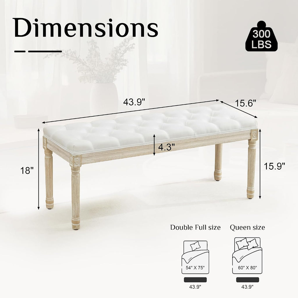 LOULENS 43.9" Linen Fabric End of Bed Bench, Vintage French Upholstered Button Tufted Entry Bench, Window Seat with Carved Wood Legs for Bedroom, Living Room, Entryway, Foyer, Hallway, White