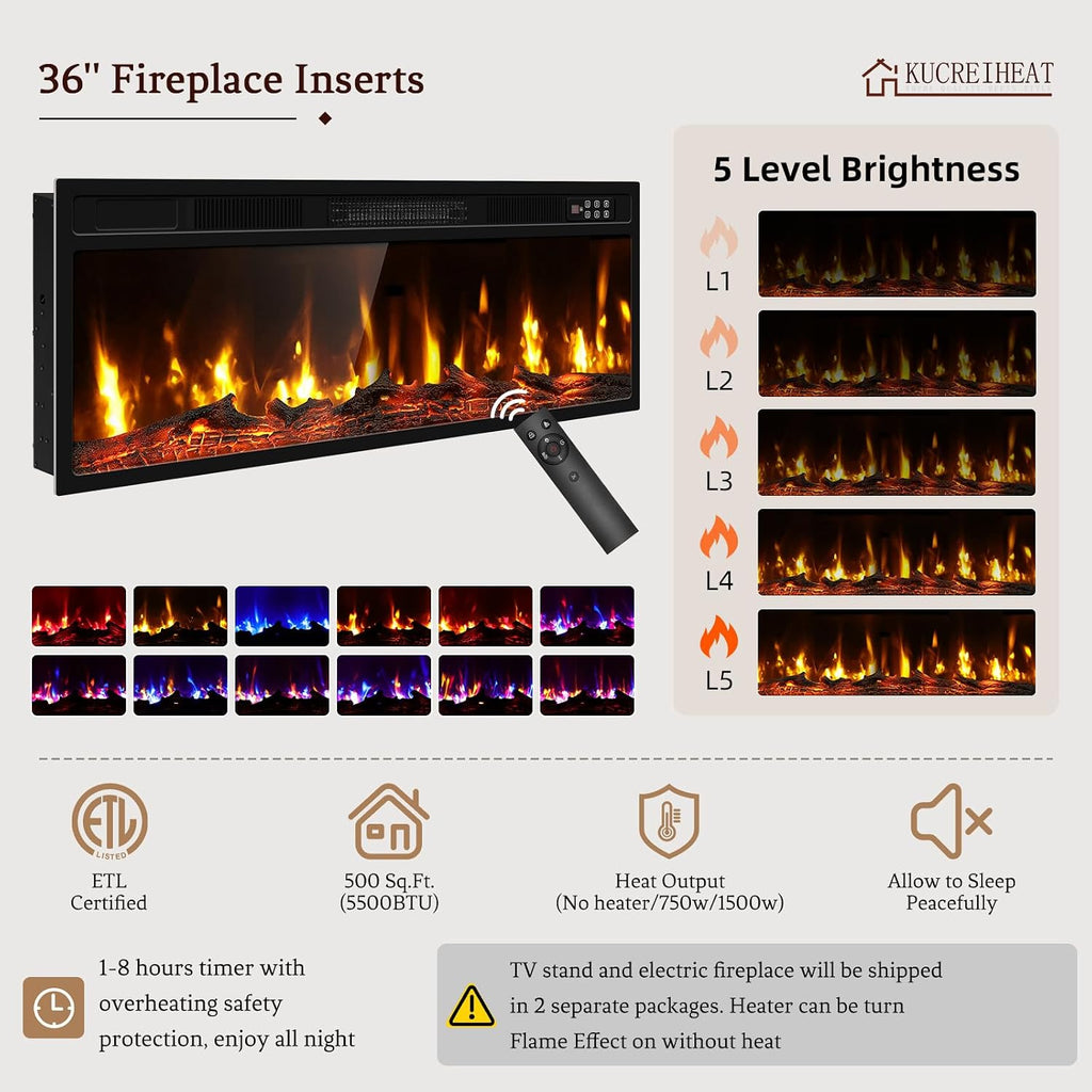 Kucreiheat Fireplace TV Stand for 65-80 inch TV, Large Entertainment Center with Fireplace & LED Lights,High Gloss Living Room Storage Cabinet,Walnut, 70''(Log)