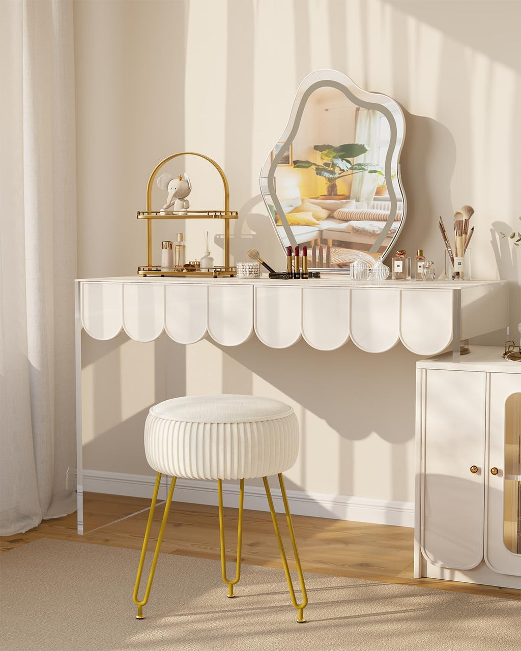 IBUYKE Makeup Vanity Stool, Velvet Round Footrest Ottoman, White LG-30M | Dressing Table Seat Pouf Couch chair Golden Steel Legs