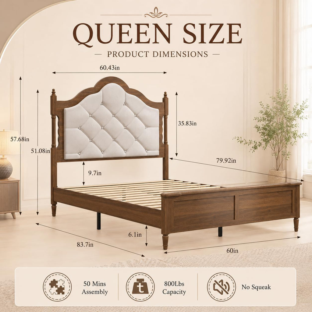 Queen Size Bed Frame with 51" Tall Wingback Headboard, Fabric Upholstered Wooden Platform Bed Frame, No Box Spring Needed, Solid Wood Legs