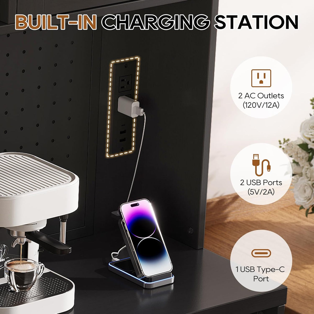 IPKIG 71" Kitchen Pantry Cabinet with Charging Station, Kitchen Hutch Storage Cabinet with LED Lights, Pantry Organizers and Storage with Anti-Tip Device for Dining Room, Black