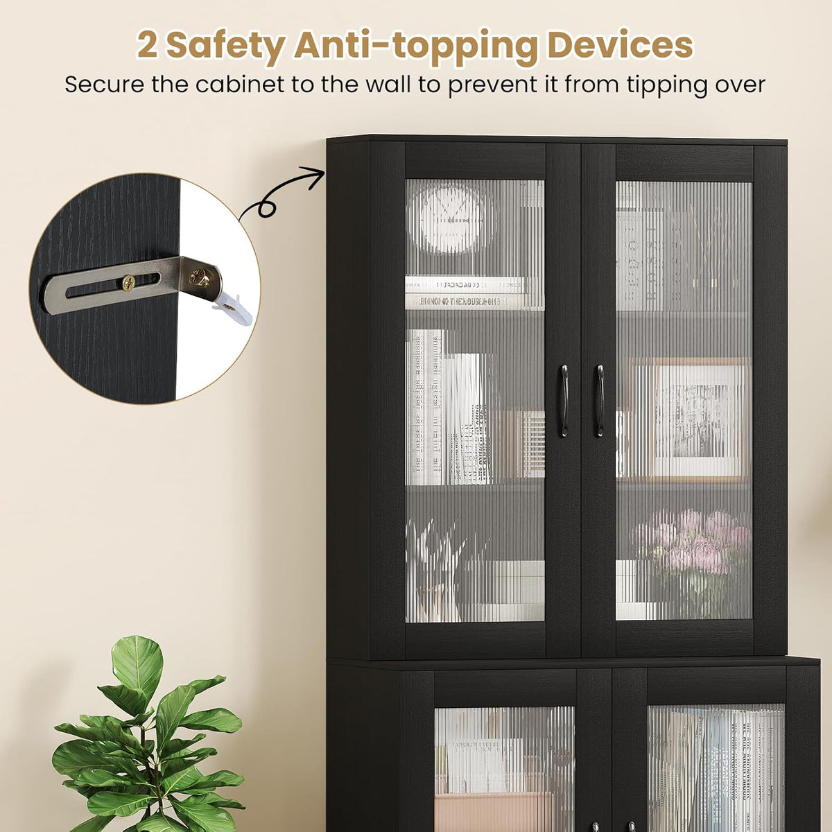 LOKO Kitchen Pantry Cabinet, Freestanding Storage Cupboard with Translucent Fluted Doors & Adjustable Shelf, Modern Tall Accent Cabinet Bookcase for Living Room, Dining Room, Home Office (Black)