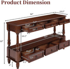 Vintage Solid Wood Console Table with 6 Drawers - 54" Hallway Sofa Table with Bottom Shelf for Entrance, Living Room & Foyer, Cherry