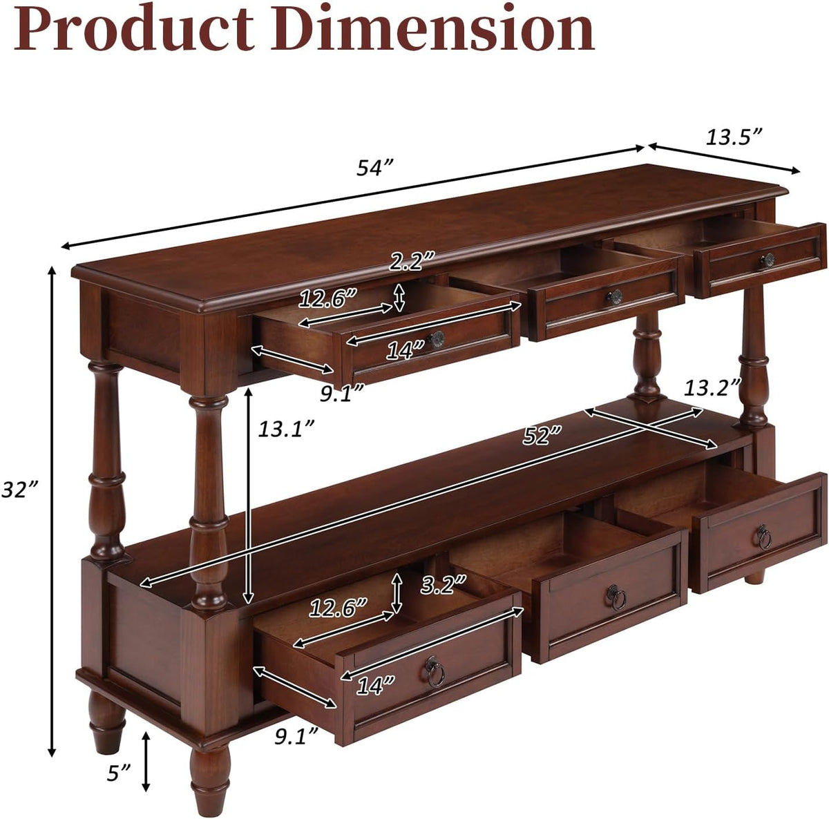 Vintage Solid Wood Console Table with 6 Drawers - 54" Hallway Sofa Table with Bottom Shelf for Entrance, Living Room & Foyer, Cherry