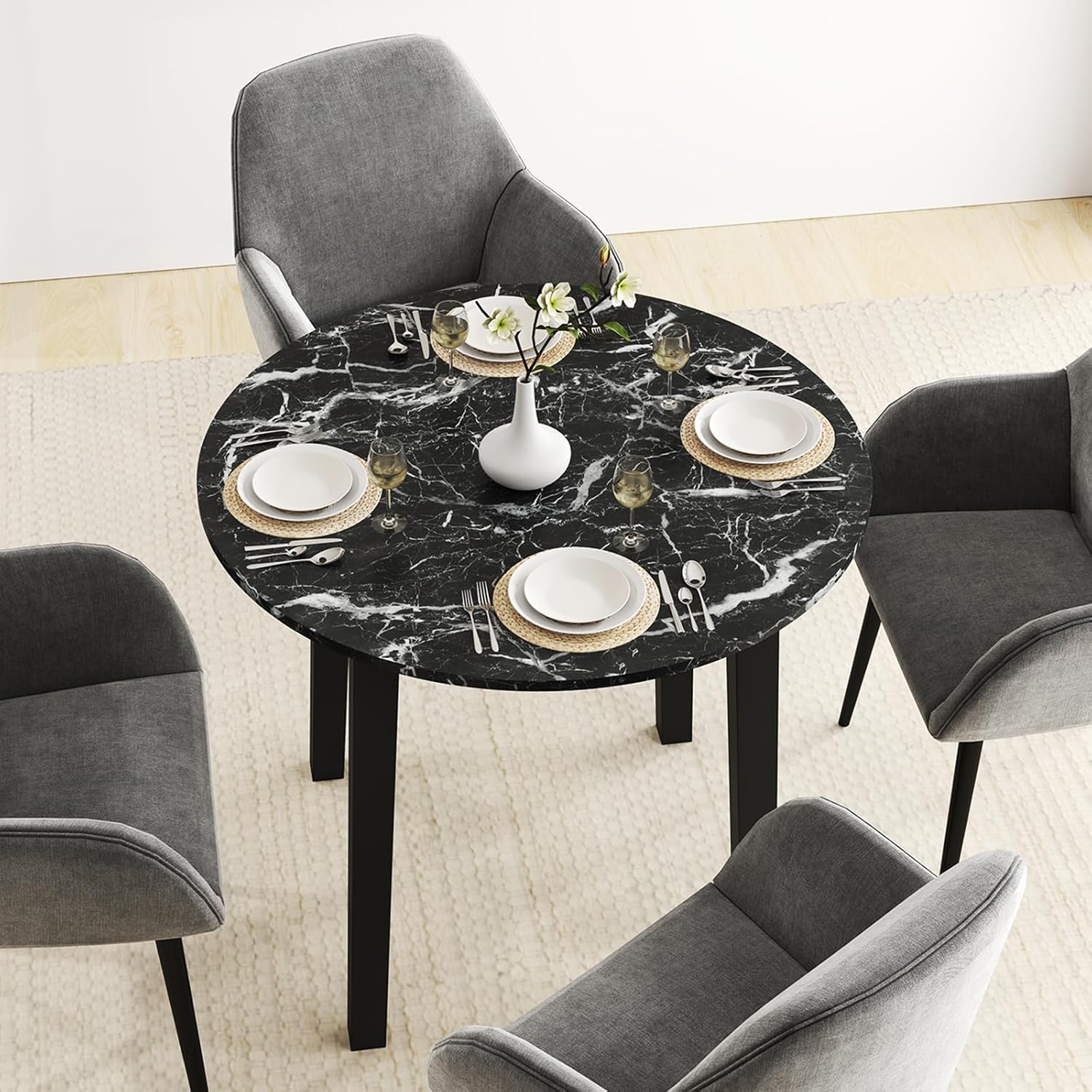 Giantex 35” Round Dining Table with Rubber Wood Legs, Marble-Textured Veneer Tabletop, Leisure Kitchen Table for 2 to 4 Person, Dinette, Living Room, Black