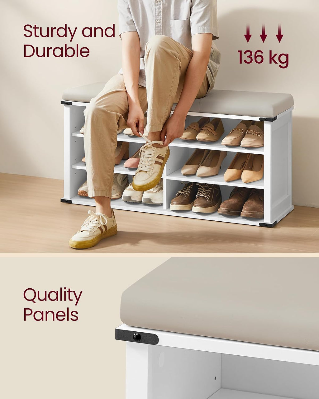 VASAGLE Shoe Storage Bench with Removable Cushion, Adjustable Shelves | Shoe Rack with Padded Seat, Entryway Bench, for Hallway, Bedroom, Cloud White, LIRY Collection ULSB105W01