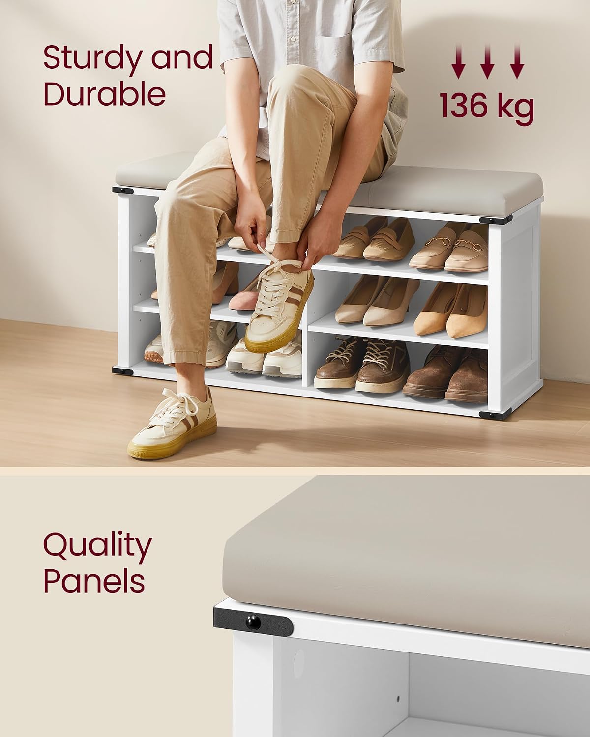 VASAGLE Shoe Storage Bench with Removable Cushion, Adjustable Shelves | Shoe Rack with Padded Seat, Entryway Bench, for Hallway, Bedroom, Cloud White, LIRY Collection ULSB105W01