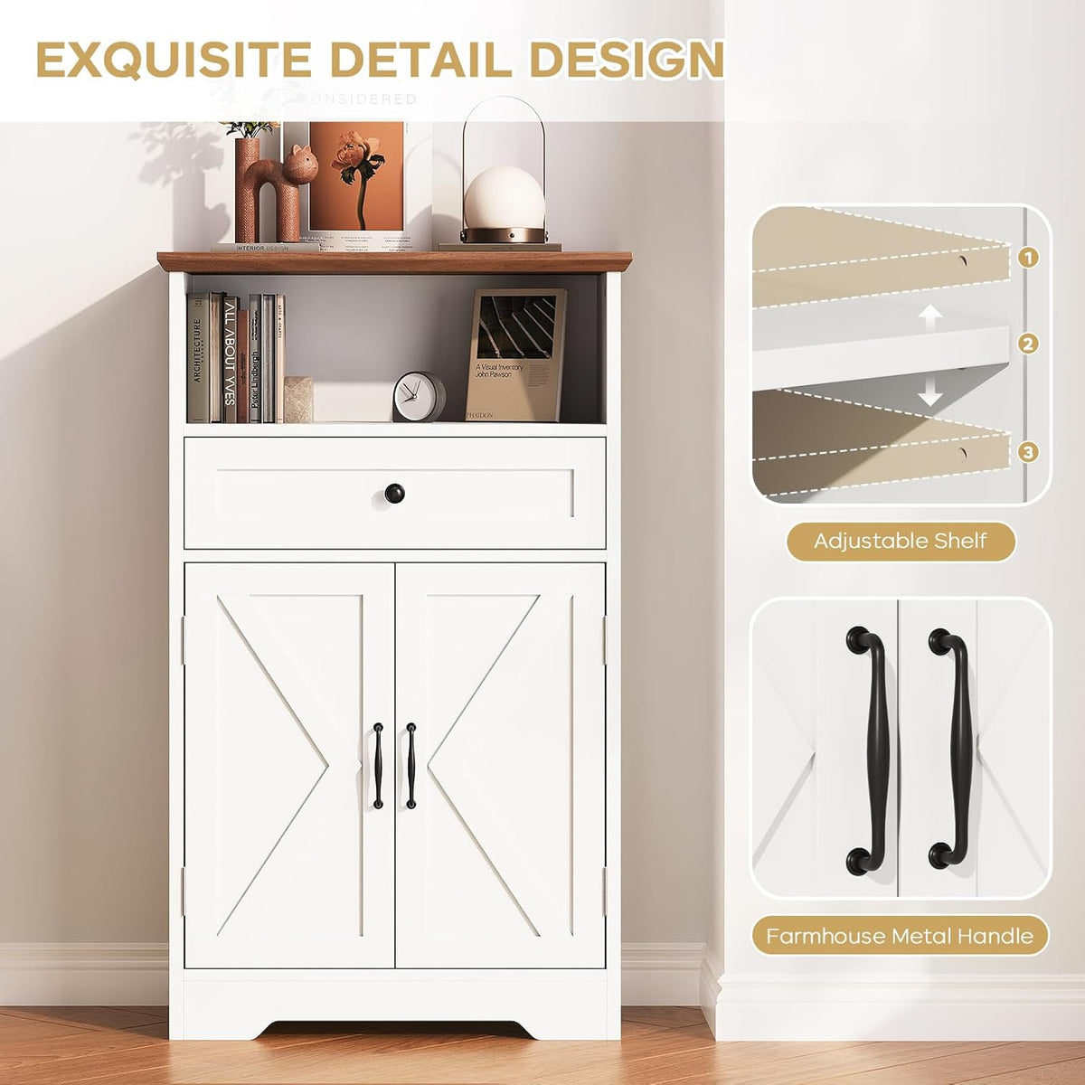 Floor Cabinet, Farmhouse Storage Cabinet with Barn Doors and Drawer, 11.81" D x 23.62" W x 39.37" H White Freestanding Adjustable Shelf Organizer for Bathroom, Kitchen, Living Room