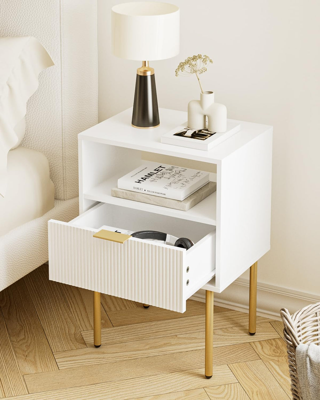 Aienvey Night Stand, Modern Nightstand with Drawers, Bedside Table, Gold Small Side Table for Bedroom, Living Room End Table (White Stripe, 1 Drawer)