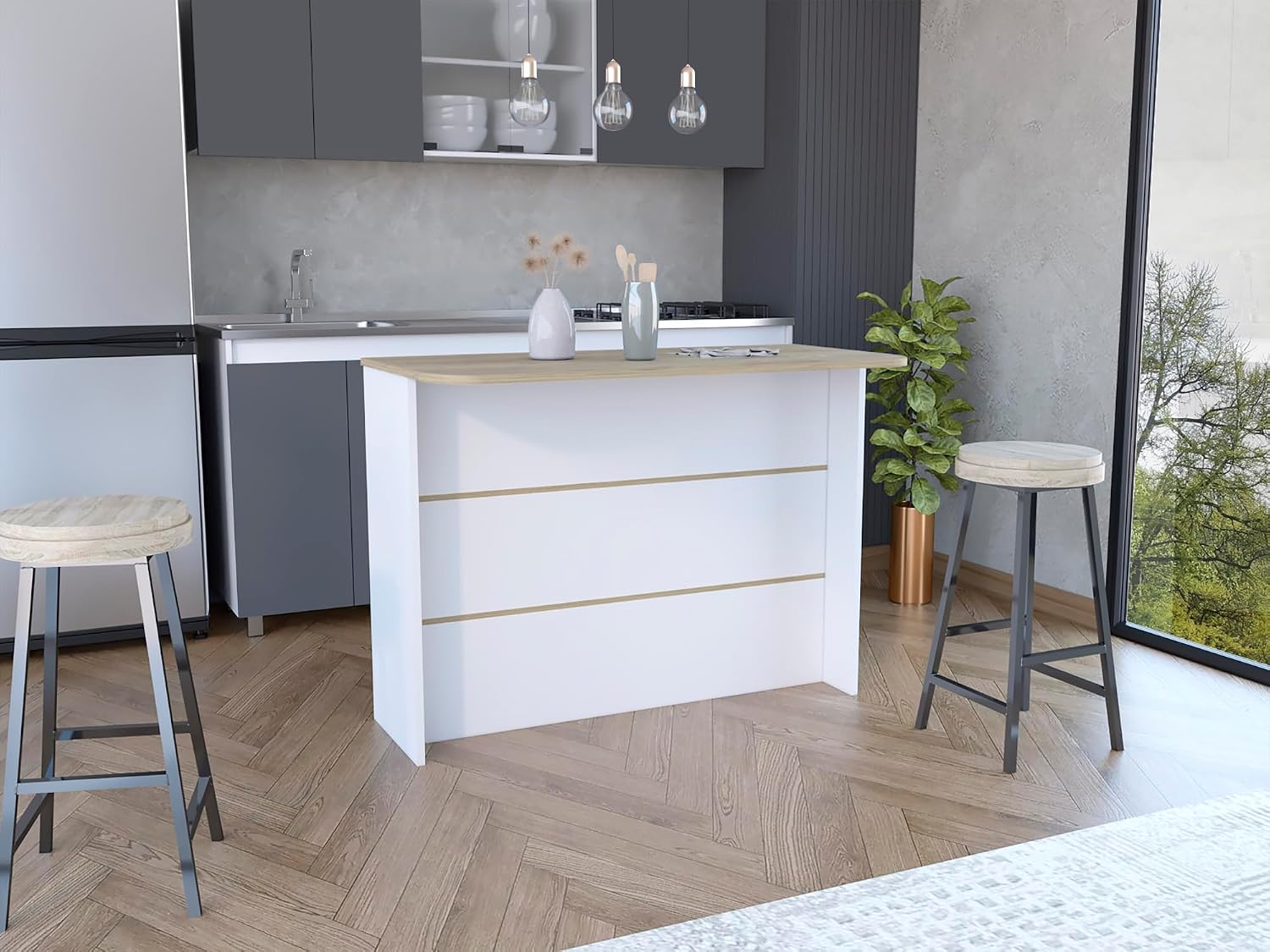Kitchen Island with Two-Tier Storage Shelf and Workstation, White | Two-tier storage shelf and spacious workstation for efficient meal prep